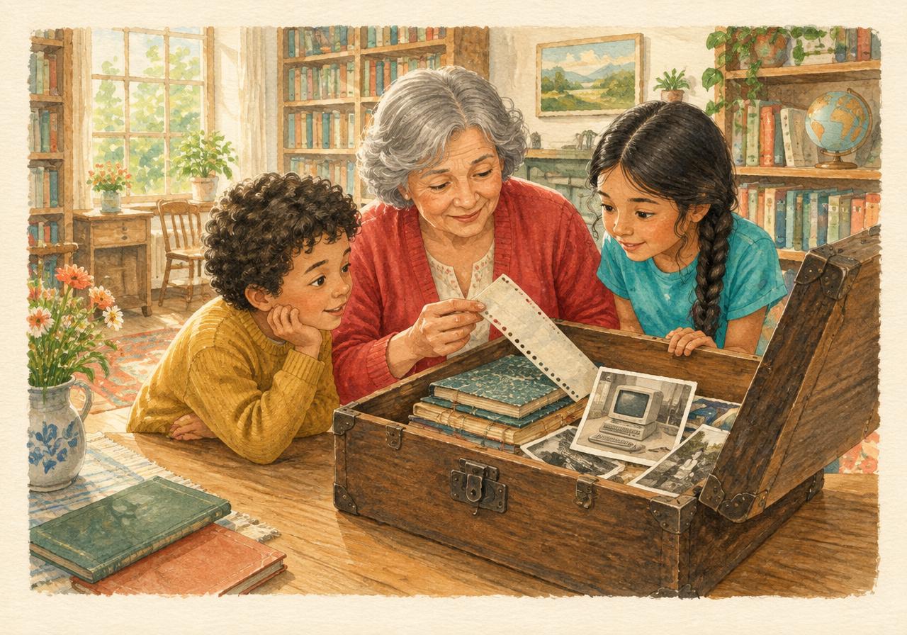 Two children and their grandmother discover old computer photos in a wooden trunk
