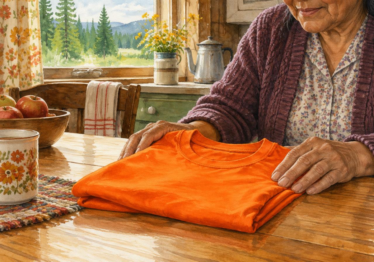 An illustrated orange shirt folded on a table beside an older woman's hands