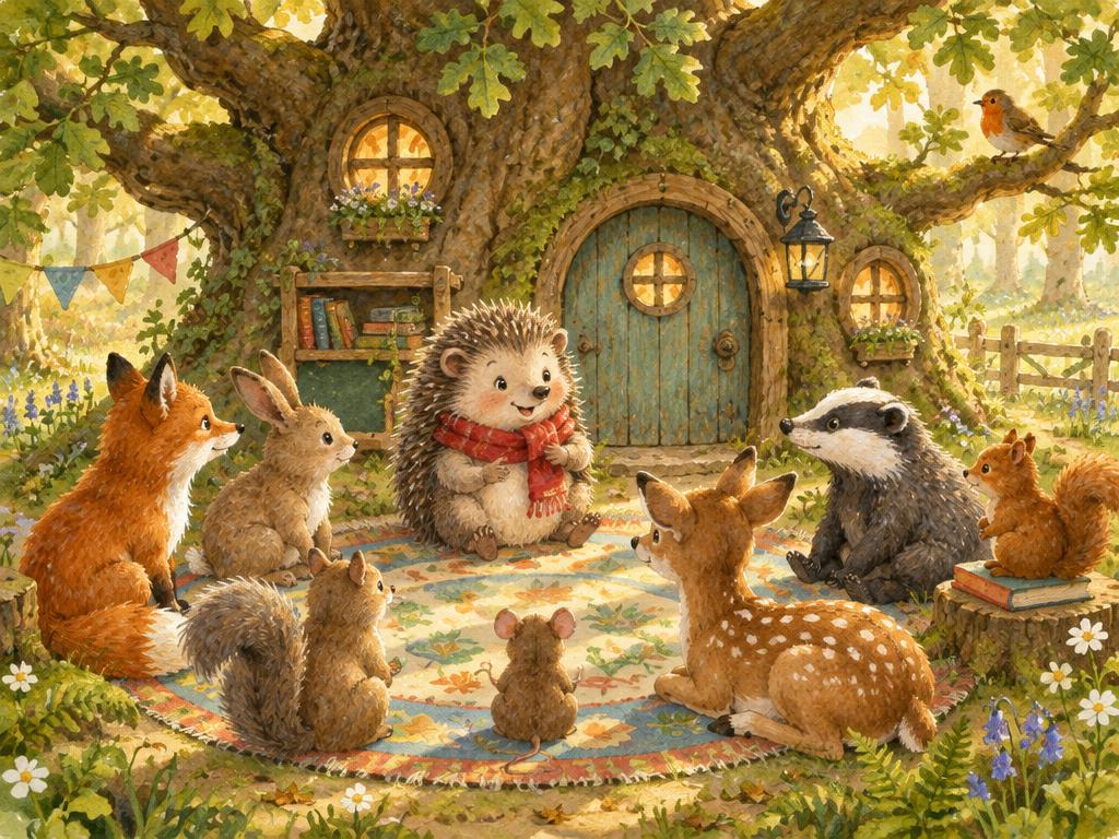 A cosy school inside a giant oak tree with a hedgehog and woodland friends on a story rug