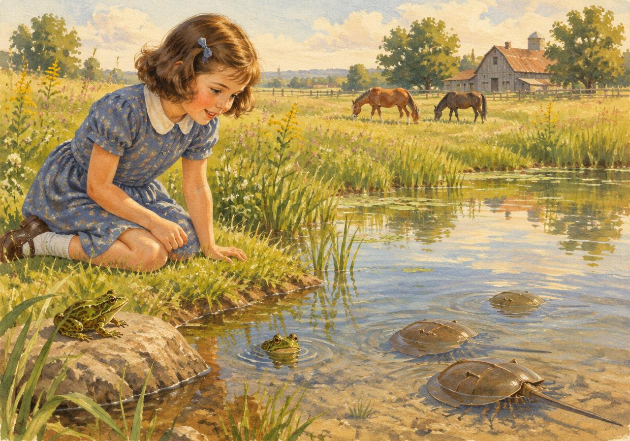 A young girl kneeling by a farm pond watching frogs and horseshoe crabs