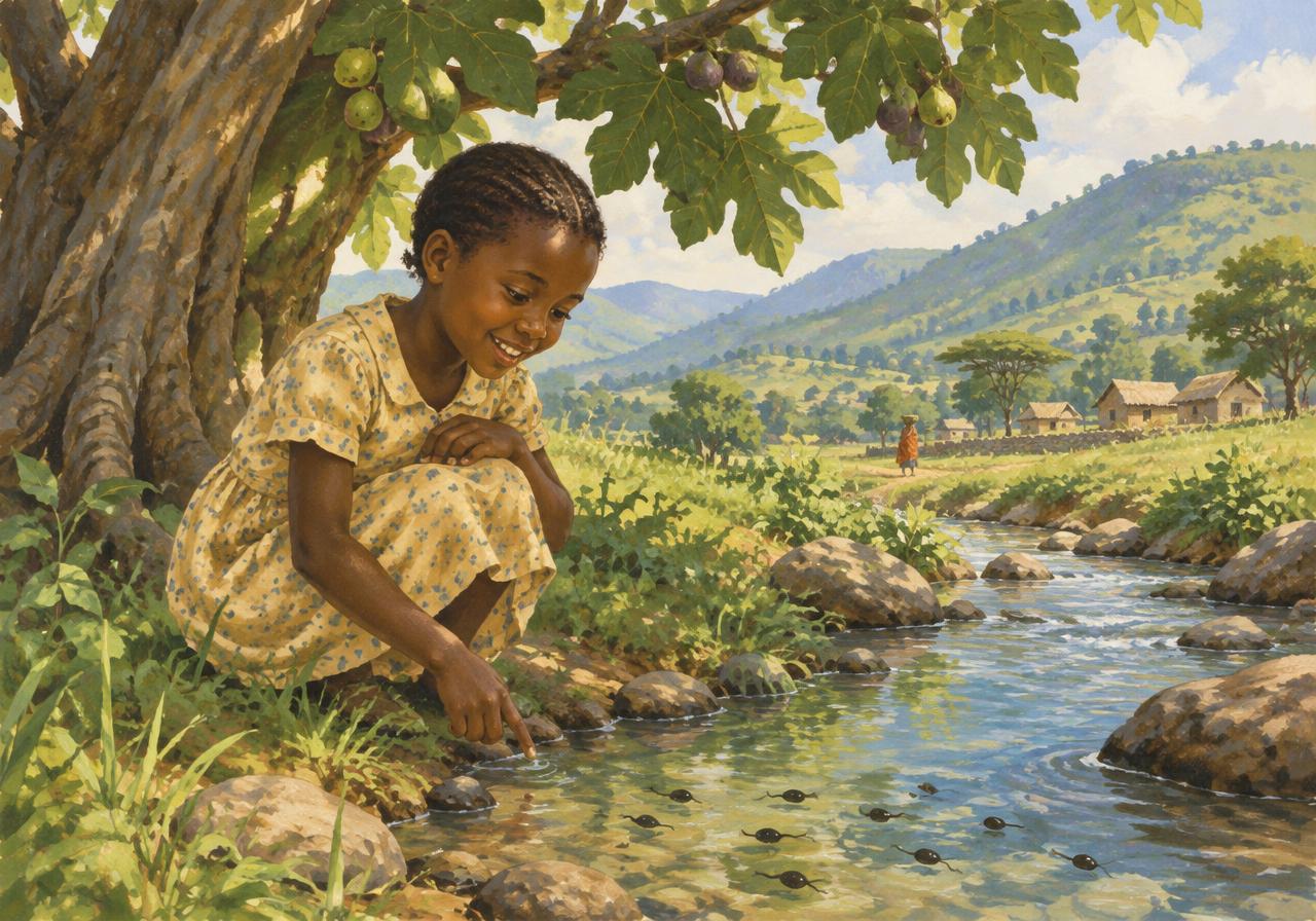 A young girl in Kenya kneeling by a clear stream full of tadpoles under a big fig tree